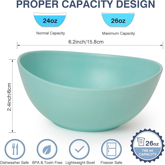 6.2'' Bamboo Fiber Cereal Bowls Set of 6, Soup Bowls 24 Oz for Serving Salad, Snack, Side Dishes, Colourful Oval Lightweight Bowls for Breakfast, Lunch and Dinner, Dishwasher&Freezer Safe (Turquoise)