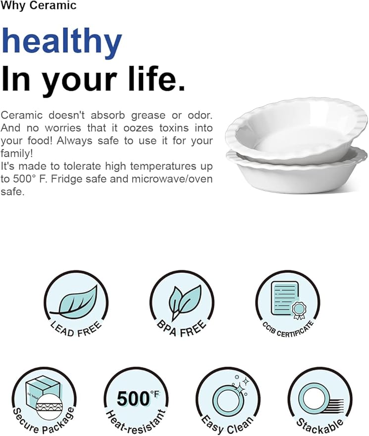 LE TAUCI Ceramic Pie Pans Plate for Baking, 9 inch Deep Dish Baking Dish, 52 ounce Bakeware for Apple Pecan Pie, Set of 2, White