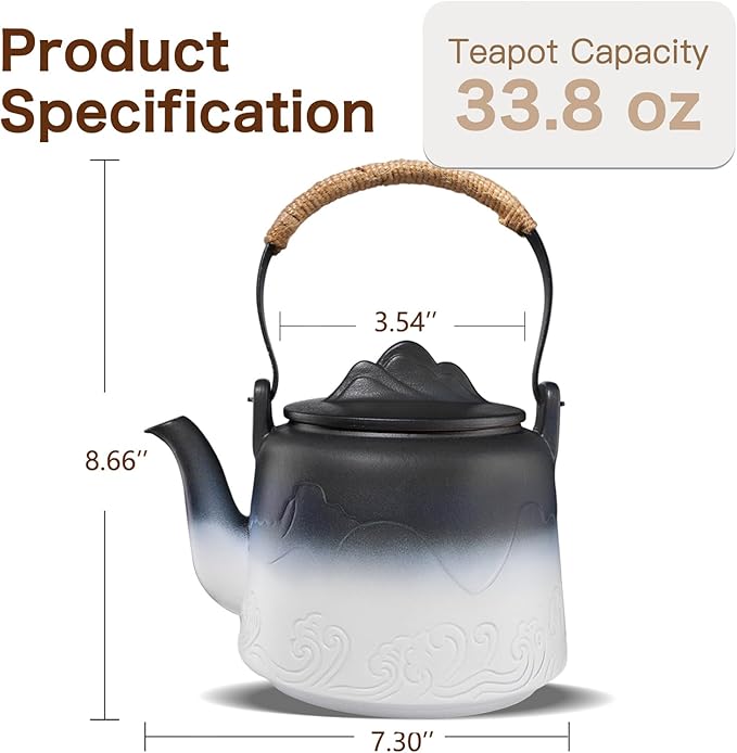 ZENS Vintage Japanese Teapot, 33.8 oz Gradient Embossed Ceramic Loose Leaf Tea Pot with Built-in Filter for Tea Steeper, Hemp Rope Handle Japanese Teapot for Tea Lovers Gifts, Black & White