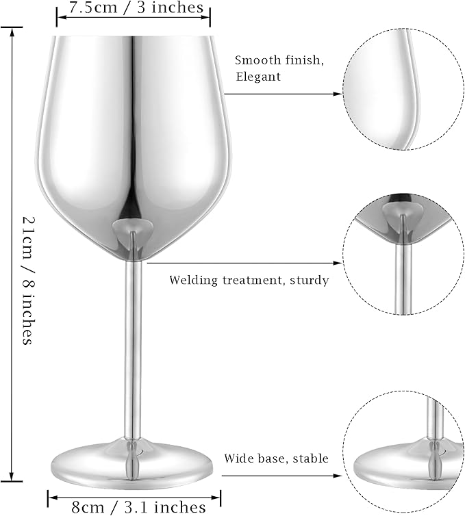 Stainless Steel Wine Glasses Set of 4 Unbreakable Wine Glass 18 oz Unique Metal Wine Goblets for Outdoor, Travel, Camping, Pool, Ideal Gift for Wine Lovers (Mirror-Silver)