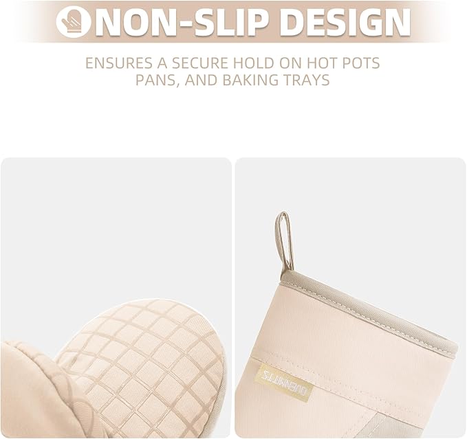 Mini Oven Mitts, Kitchen Oven Gloves Kitchen Mittens 500 Degrees Heat Resistant Baking Gloves, Non-Slip Silicone Surface with Hanging Loops Hot Gloves for Cooking, Baking, BBQ 1 Pair-Khaki