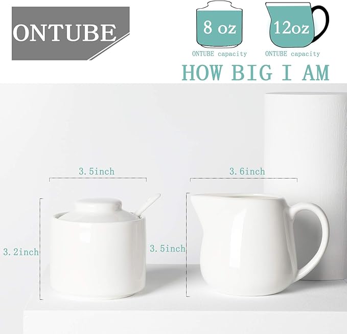 ONTUBE Porcelain Sugar and Creamer Set of 3,Cream Pitcher, Spoon, Sugar Bowl with Lid,Cream (White)