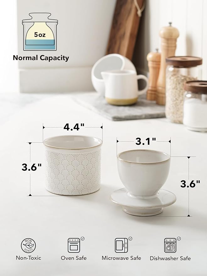 LE TAUCI Butter Crock, Butter Dish with Lid, Butter Container for Counter with Water Line, Embossed French Butter Keeper for Spreadable Butter, Suit For Housewarming - Set of 1, Arctic White,Fireworks