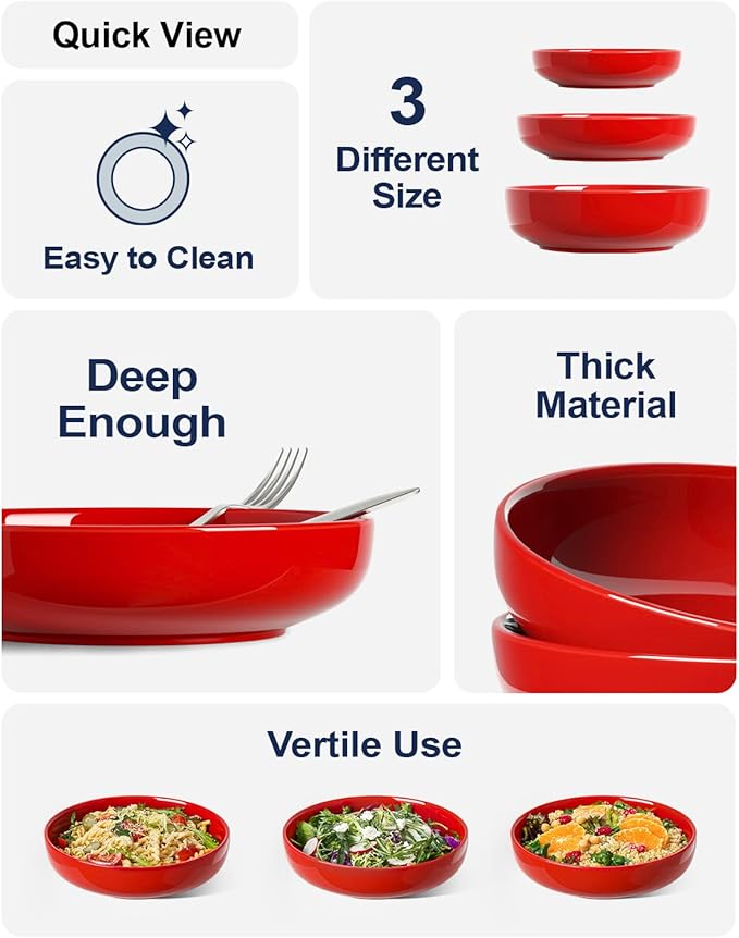 LE TAUCI Pasta Bowls 45 oz, Salad Bowls Set for Serving Soup, Pasta, Noodle, Dinner, Large Kitchen Bowl Plates, Microwave Safe - 8.5 Inch, Set of 4, Red