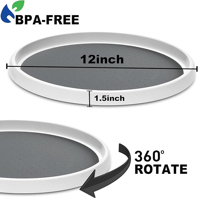 Set of 2, 12 Inch Non-Skid Lazy Susan Organizer, Pantry Lazy Susan Turntable for Cabinet, Kitchen Cabinet Organizer, Pantry Organization and Storage -White/Gray