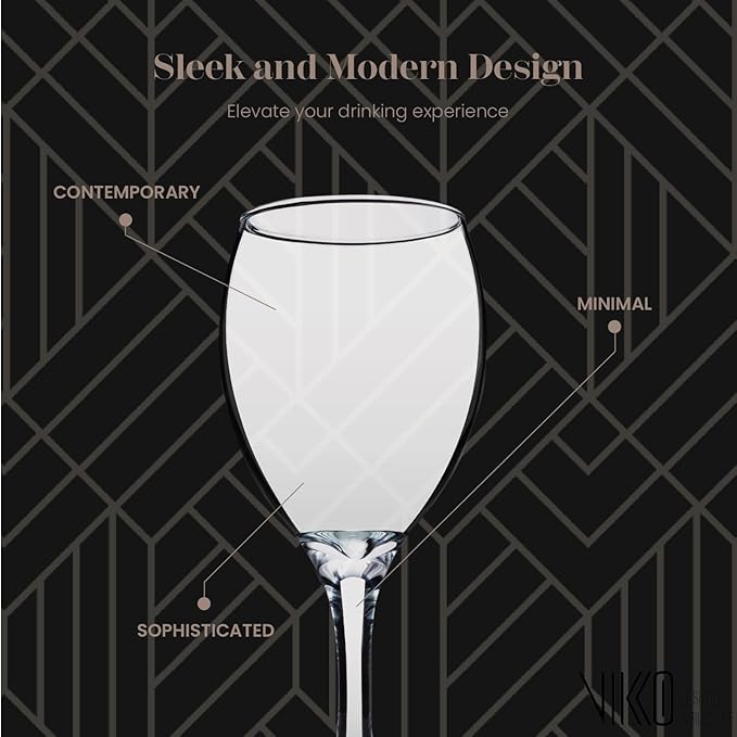 Vikko Wine Glasses, 15 Ounce Stemmed Set of 6 for Red and White, Thick and Durable Clear Glass