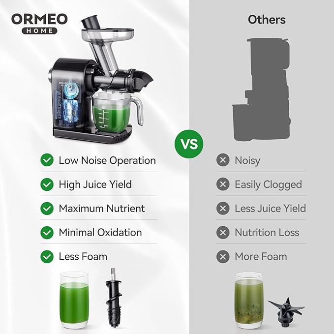 Juicer Machines,ORMEO HOME Cold Press Juicer with Single Knob Control,3.60"Large Feed Chute For Vegetable and Fruit,Masticating Juicers Easy to Clean,BPA-Free,High Juice Yield (Black)