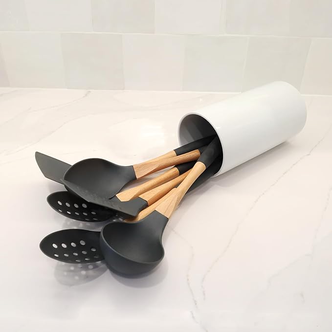 Beille Grey Nylon Slotted Spoon with Wooden Handle Kitchen Utensils High Heat Resistance, 13 Inch