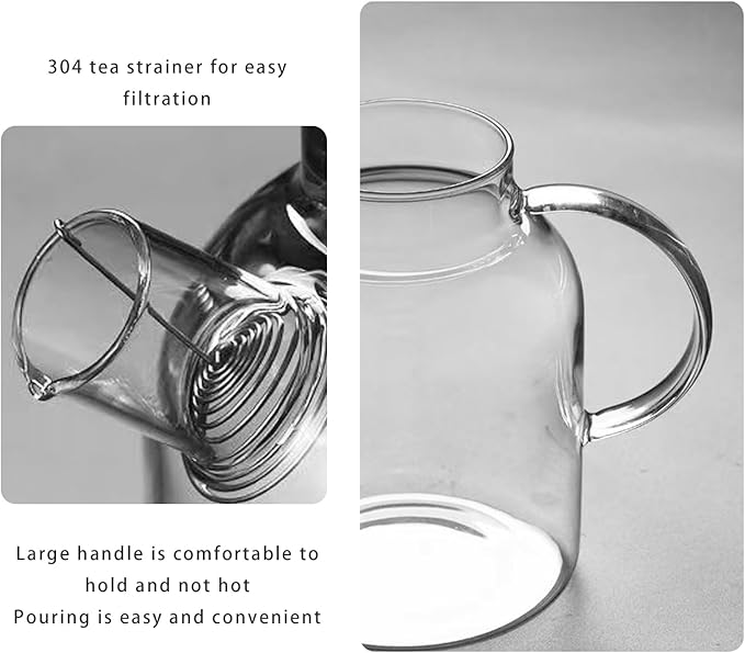SHUWEICAO- Glass Teapot, Stovetop and Microwave Safe Glass Borosilicate Teapot, 60.8 oz Clear Glass Pitcherwith Natural Bamboo Lid and Removable Filter for Making Flower Tea and Juice