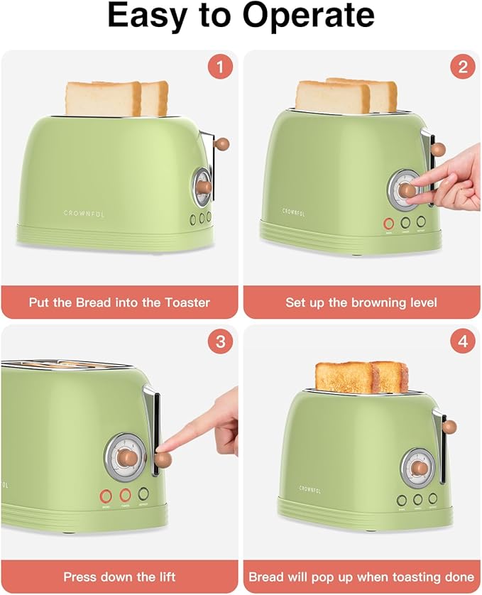 CROWNFUL 2-Slice Toaster, Extra Wide Slots Toaster, Retro Stainless Steel with Bagel, Cancel, Defrost, Reheat Function and 6-Shade Settings, Removal Crumb Tray, Green