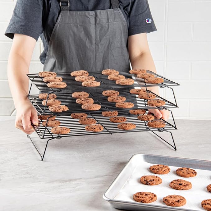Restaurantware Met Lux 15.7 x 9.8 x 8.3 Inch Wire Baking Rack Set 1 Stackable Oven Wire Rack Set - 3-Tier Design Oven-Ready Up To 392F Black Iron Cooling Rack Set With Collapsible Feet