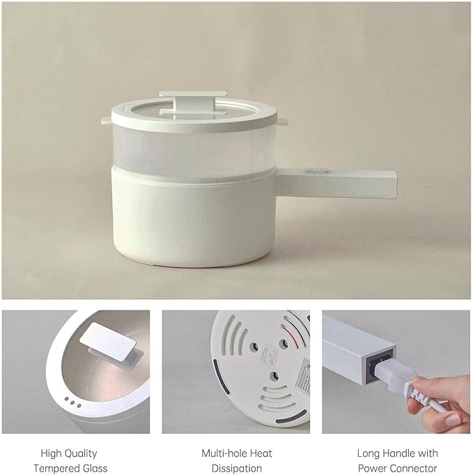 Hot Pot Electric with Steamer, 1.5L Ceramic Glaze Non-stick Portable Pot, Dual Power Multi-functional Electric Cooker, Suitable for Steak, Pasta, Hot Pot, Ramen, Dorm Room Essential