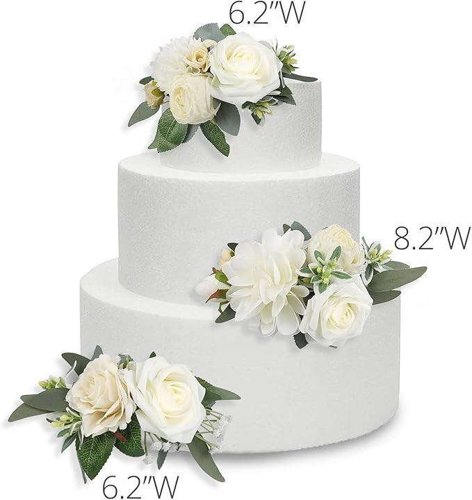 Rinlong 3Pcs Pre-made Cake Flowers Toppers White Green Cake Decorations Wedding Cake Decorating Flowers Decor Birthday Baptism Party Cake Topper