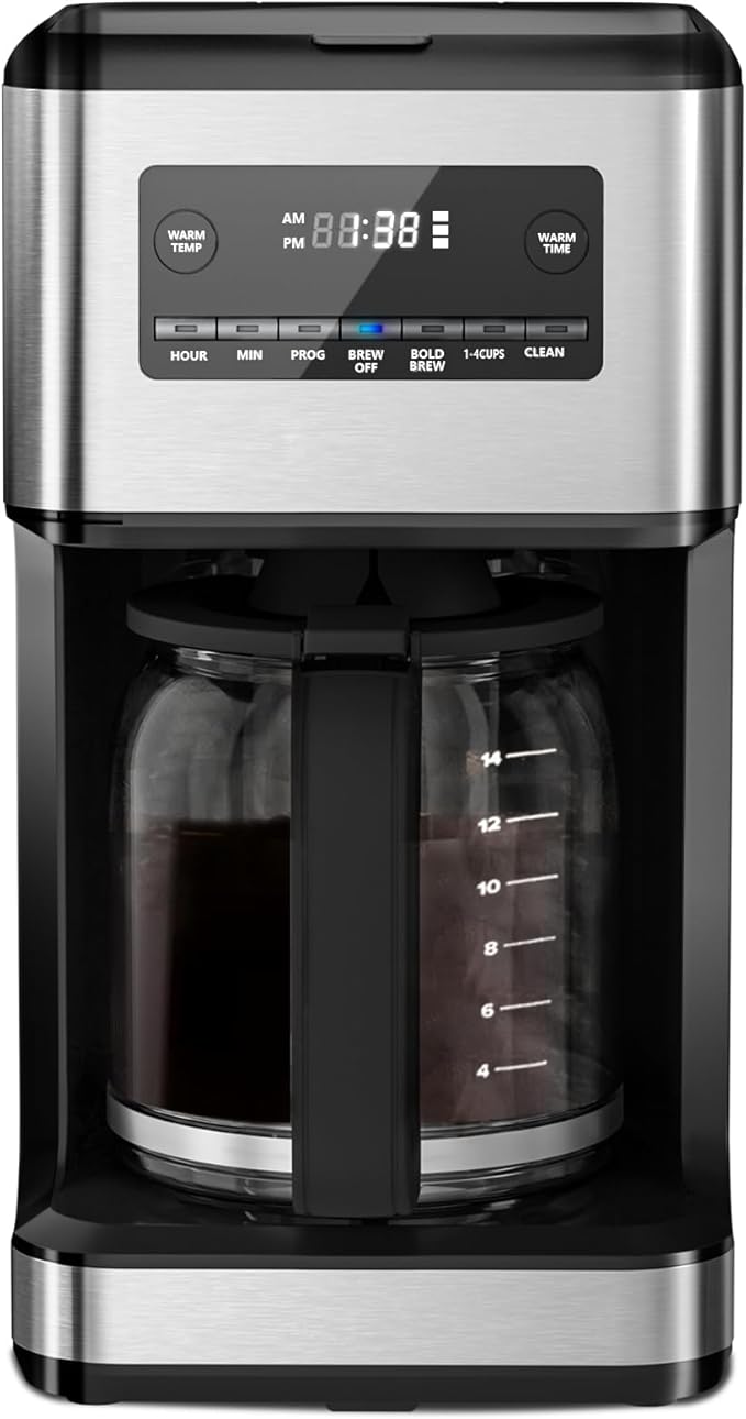 Coffee Maker, 14-Cup Programmable Drip Coffee Makers with Reusable Filter & Keep Hot Plate, Auto Pause Small Coffee Machines with Large Coffee Pot,Timer, Self-cleaning,Stainless Steel