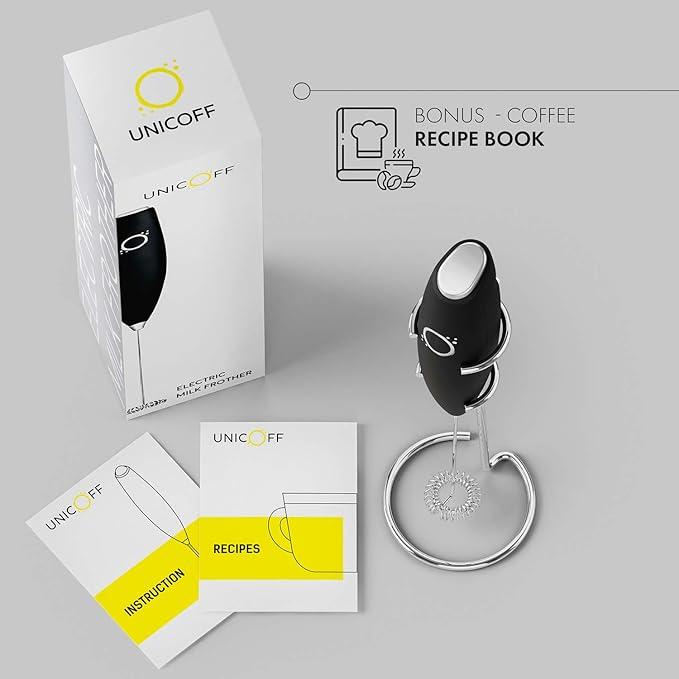 Handheld Milk Frother for Coffee - Stainless Steel Electric Drink Mixer & Matcha Whisk - Ergonomic Hand Frother With Stand & Recipes (Black)