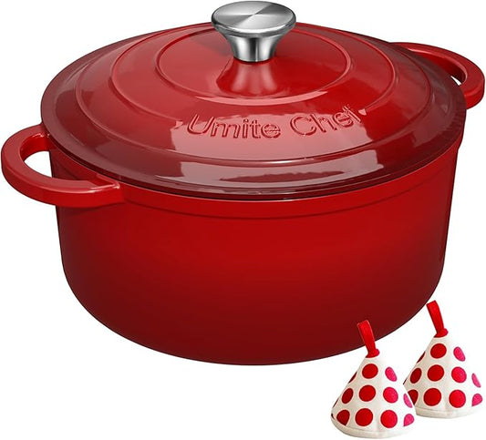 Enameled Cast Iron Dutch Oven - Umite Chef 5QT Pot with Lid & Cotton Potholders - Heavy-Duty Cookware for Bread Baking, Braising, Stews, Roasting(Read)