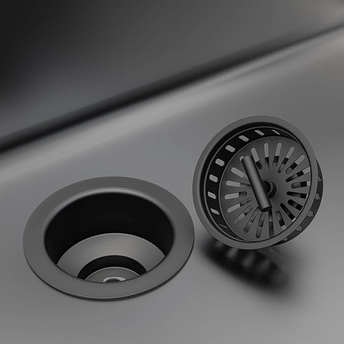 KONE Kitchen Sink Stopper Strainer Replacement for Standard 3-1/2 Inch Spin and Seal Drains with Threaded Stopper Function, Stainless Steel Sink Strainer, Black Twist Lock Basket Strainer Replacement