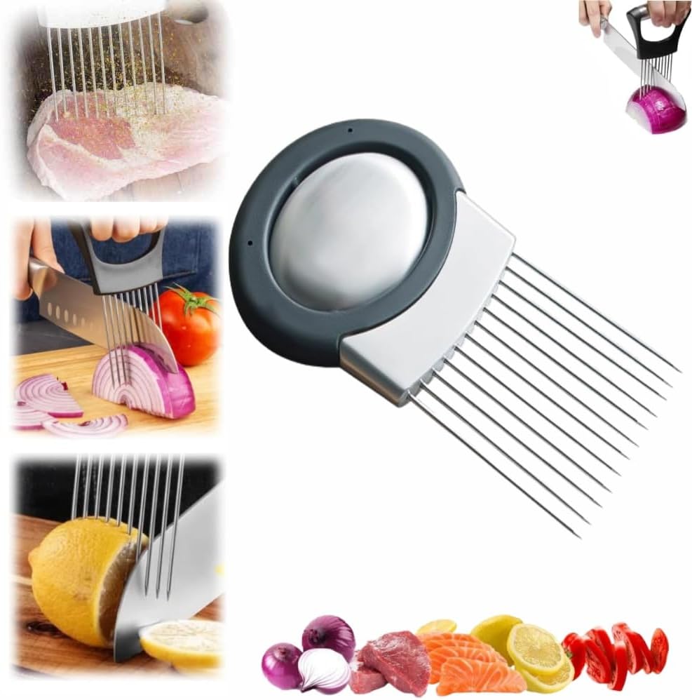 Onion Slice Holder, 2025 Upgraded Stainless Steel Onion Holder for Slicing Lemon Slicer Vegetable Cutter, Kitchen Chopper Slicing Assistant Tool for Meat, Onion, Potato, Tomato (1, B)