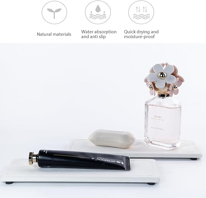 2 Pcs Water Absorbing Stone Trays, Kitchen/Bathroom Sink Soap Dish, Diatomite Tray Used for Hand Soap & Cosmetic Bottles in The Modern Home, 4" W x 10.2" L, White