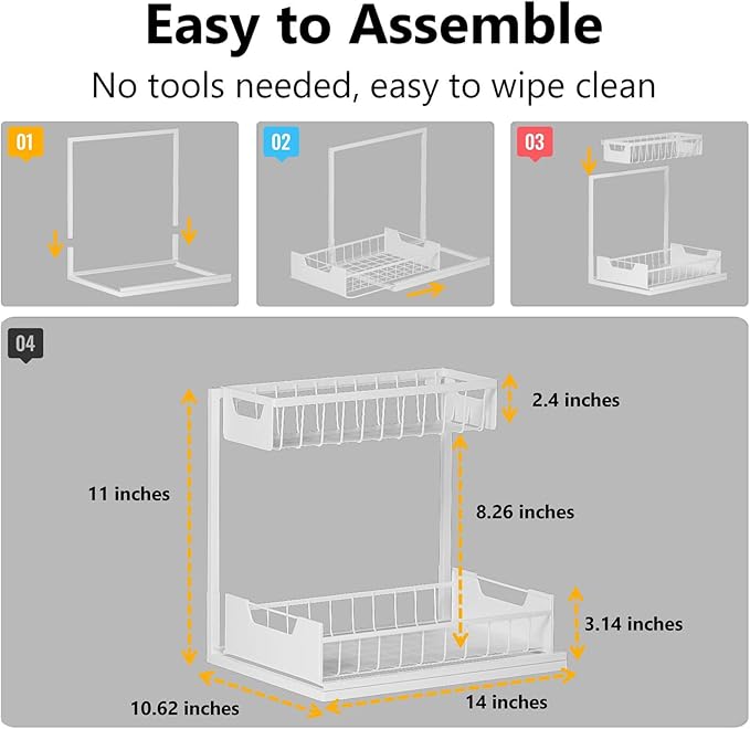 Under Kitchen Sink Organizers and Storage Pull Out 2 Tier Metal Bathroom Cabinet Organizer (White, 1 Pack)