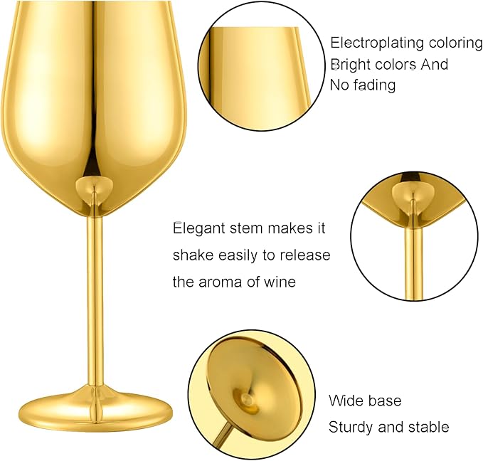 Stainless Steel Wine Glasses Set of 2, 18 oz Unbreakable Gold Wine Glass Unique Metal Wine Goblets for Outdoor Capming and Pool Gift for Wine Lovers