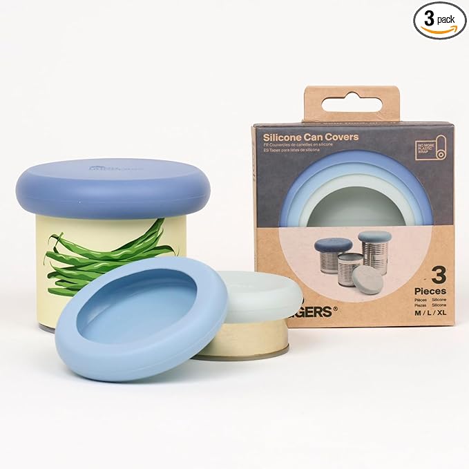 Food Huggers 3 Can Covers | Reusable Can Lids Snugly Seal Cans and Jars | 100% Food Grade Durable Silicone | Plastic Free (Blue)