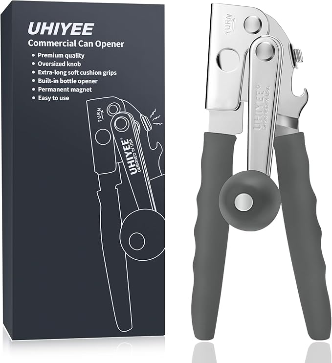 Commercial Can Opener, UHIYEE Hand Crank Can Opener Manual Heavy Duty with Comfortable Extra-long Handles, Oversized Knob, Large Handheld Can Open Easy for Big Cans, Gray