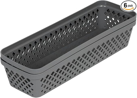 Glad Plastic Storage Basket Set - Multipurpose Drawer Trays, Kitchen Pantry Containers, and Bathroom Bins - 6 Pack Narrow Organizers, Grey