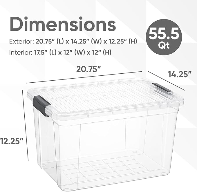Superio Clear Storage Boxes with Lids, 49 Quart Plastic Container Bins for Organizing, Stackable Crates, BPA Free, Non Toxic, Odor Free, Organizers for Home, Office, School, and Dorm, 2 Pack