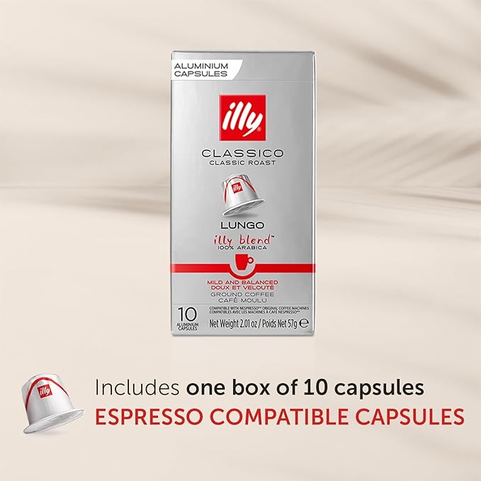 illy Aluminum Espresso Capsules - Compatible with Nespresso Machines - Classico Lungo Roast Coffee - Mild & Balanced - Notes Of Caramel, Orange Blossom & Jasmine - 10 Count (Pack of 10)