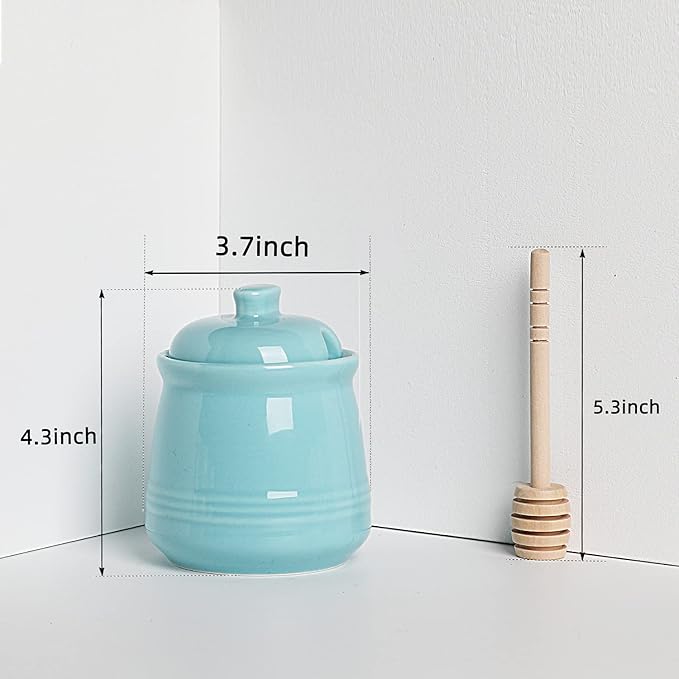 LEETOYI Porcelain Honey Jar with Lid and Honey Dipper,Ceramic Honey pot,12oz (Turquoise)