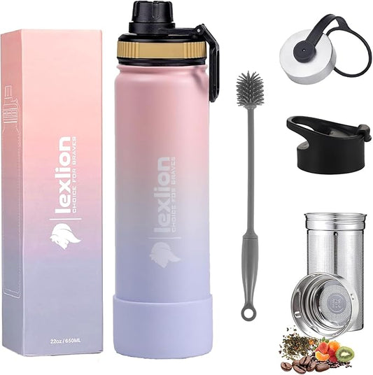 Lexlion Tea Infuser Bottle - Fruit Infuser Water Bottle 22 Oz, Triple Walled Insulated Stainless Steel Bottle, Thermal Leaf, Silicone Sleeve, 3 Lids Leakproof, Metal Mug Gallon