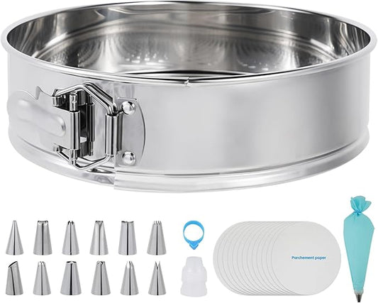 Aufind 10 Inch Springform Pan for Baking, 304 Stainless Steel Cheesecake Pan with Removable Bottom, Includes 12 Piping Tips and 50 Parchment Papers for Pie Cake Pizza and Quiches(10" Cake pan)
