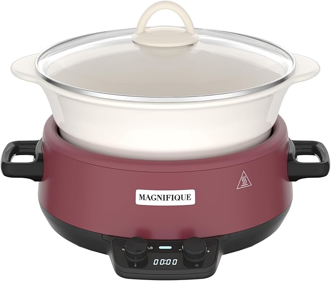 MAGNIFIQUE 5 Quart Programmable Slow Cooker with Auto Warm Setting, Glazed Ceramic Liner, Kitchen Small Appliance for Family Dinners, Red