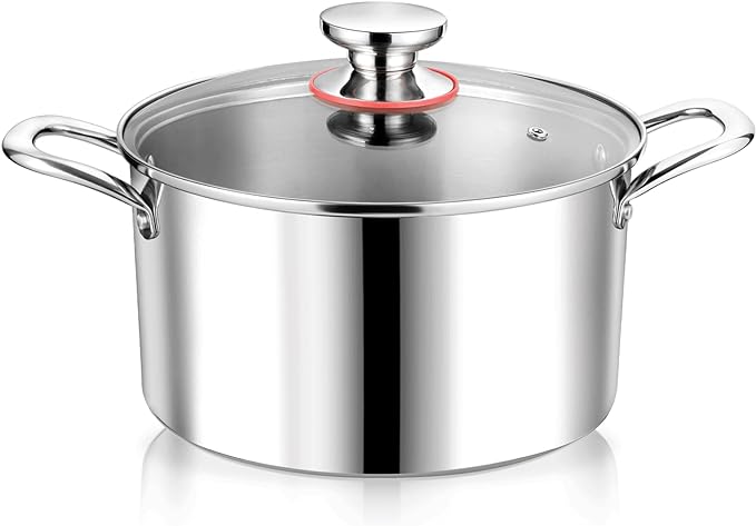 P&P CHEF 4 Quart Tri-Ply Stainless Steel Stock Pot, 4 Qt Stockpot Pasta Cooking Pot with Visible Lid for Soup Vegetable, Induction Cookware for All Stoves, Sturdy & Double Handle, Dishwasher Safe
