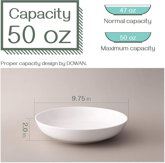 DOWAN 9.75" Pasta Bowls Set of 4, Large Shallow White Ceramic Salad Bowls, 50oz Wide Dinner Bowls for Pasta, Soup, Salad & Stew, Microwave & Dishwasher Safe, Housewarming Gift
