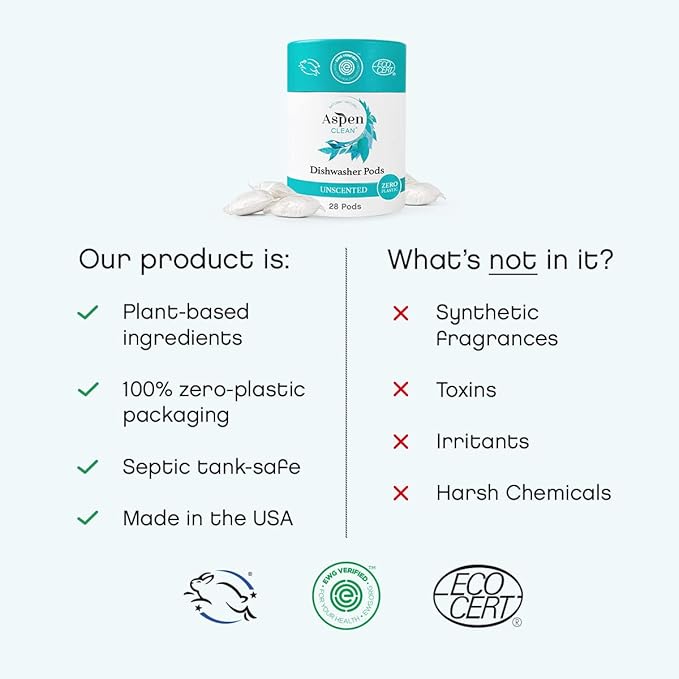 Unscented Dishwasher Pods by AspenClean, Dye-Free, Zero Plastic, Vegan, Eco-Friendly, Natural Dishwasher Detergent, EWG Verified™ - 28 Count (3 Pack)