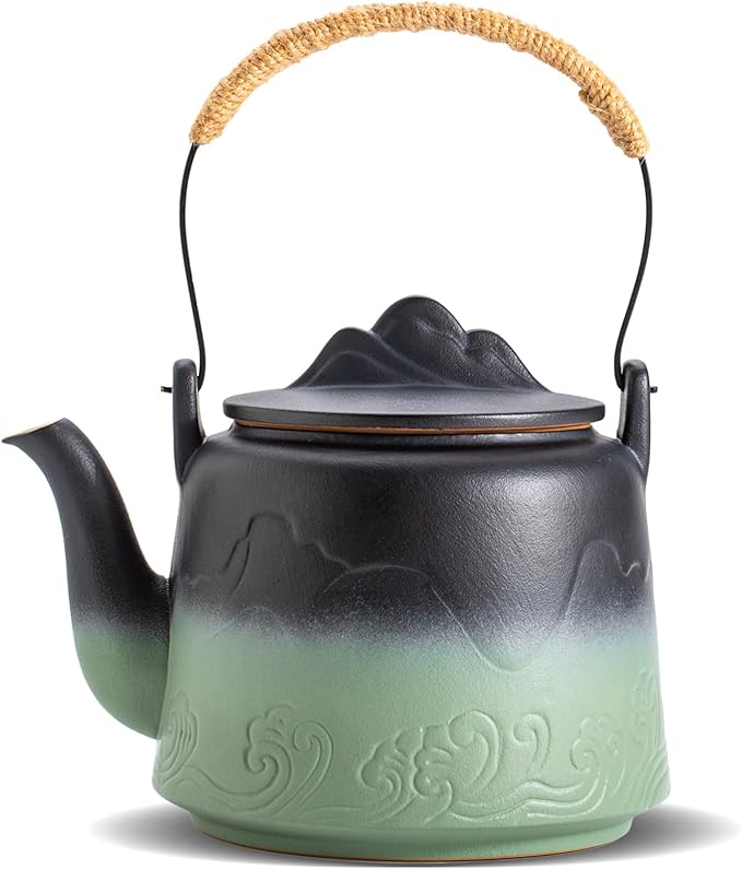 ZENS Vintage Japanese Teapot, 33.8 oz Embossed Ceramic Loose Leaf Teapot with Built-in Strainer for Hot Tea Steeper, Hemp Rope Handle Japanese Tea Brewer Pot for Tea Lovers Gifts