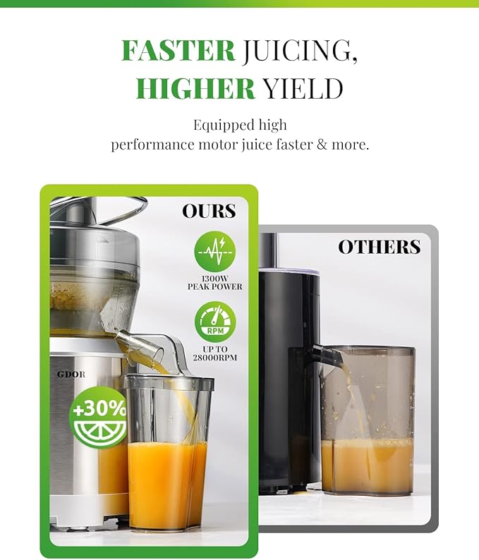 GDOR 1300W 【Extra Large】 Juicer Machines with Larger 3.2” Feed Chute, Titanium Enhanced Cut Disc Centrifugal Juice Extractor, Full Copper Motor Heavy Duty for Whole Fruit and Vegetable, Silver, XL