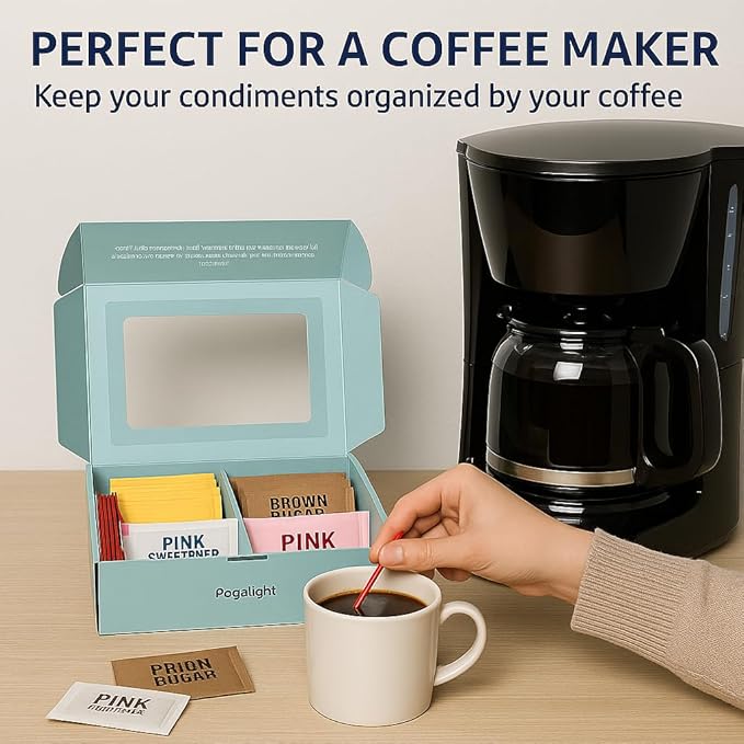 Pogalight Premium, Sugar and Sweeteners Variety Pack (300-Pack) - 70 Pure Cane Sugar, 40 Brown Sugar,70 Yellow Stevia, 70 Pink Sweetener, 50 Stirrers - Perfect for Coffee, Tea, Baking, Office, Restaurant,