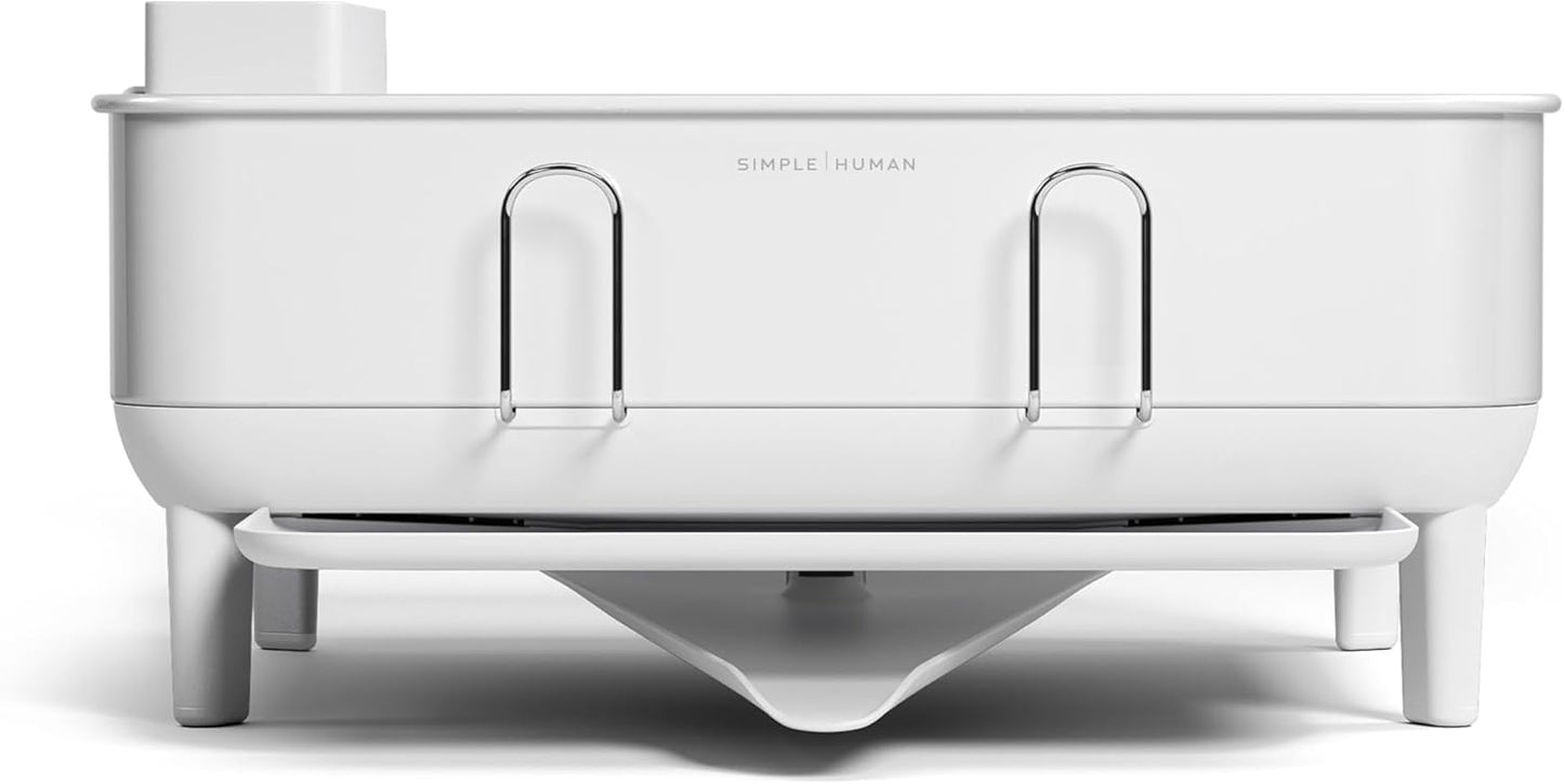 simplehuman Compact Dish Drying Rack with Stainless Steel Frame, 360º Easy Drain Swivel Spout, Utensil Holder, Anti-Residue Coating, Moisture Control Surface, White