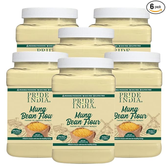 Pride of India - PACK of 6 - Mung Bean Flour 1 lbs (454 gm) Nutty Slightly Sweet Earthy Taste Freshly Milled in Small Batches | Used for Cooking Baking Binding Agent Fritters Noodles Pancakes Bread