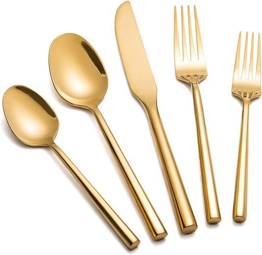 Gold Silverware Set Flatware Set Stainless Steel Cutlery Set 40 Pieces Hexagon Handle Home Kitchen Daily Use Service for 8