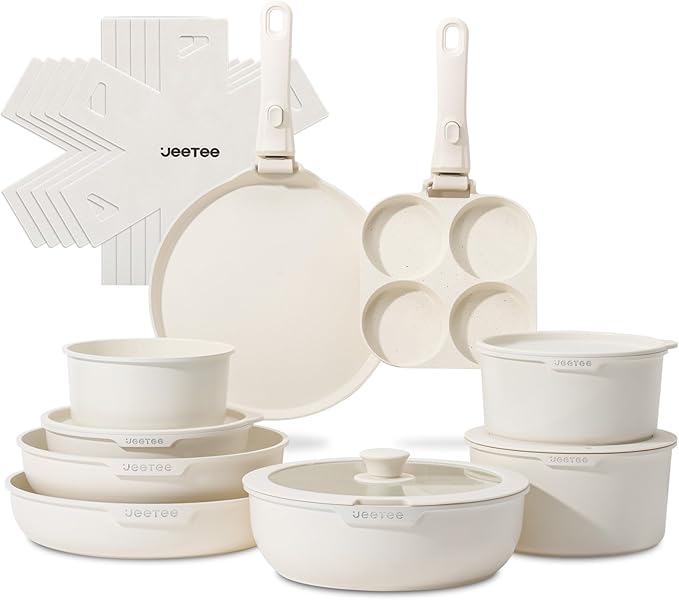 JEETEE Pots and Pans Set Non Stick 20 Pcs, Cookware Set Detachable Handle, RV Kitchen Cooking Set Removable Handles, Stackable Non-stick Set, Oven Safe, Beige