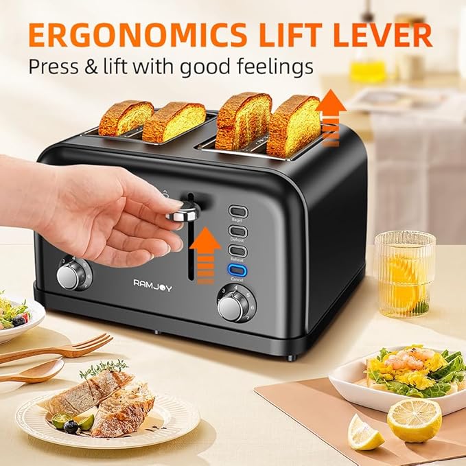 Black Toaster 4 Slice, Dual Independent Controls, Extra Wide Slot Toasters for Bagel, Bread, Waffles, 7 Shade Settings, 4 Main Functions, Removable Crumb Tray, 1500 Watts, Black Stainless Steel