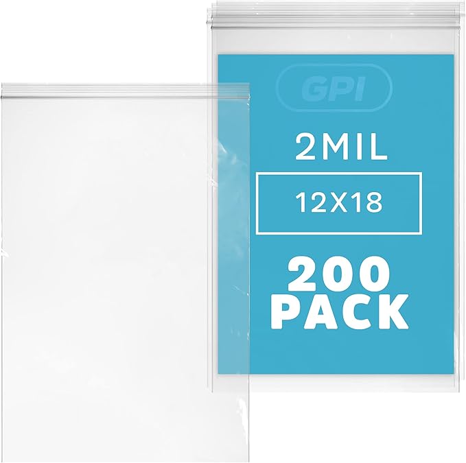GPI PACK Of 200, 12" x 18" CLEAR PLASTIC RECLOSABLE ZIP BAGS - Bulk 2 mil Thick Strong & Durable Poly Baggies With Resealable Zip Top Lock For Travel, Storage, Packaging & Shipping