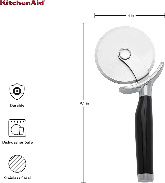 KitchenAid Classic Pizza Wheel with Sharp Blade For Cutting Through Crusts, Pies and More, Built In Finger Guard for Safety and Comfort Grip to Protect Fingers, Dishwasher Safe, 9-Inch, Black