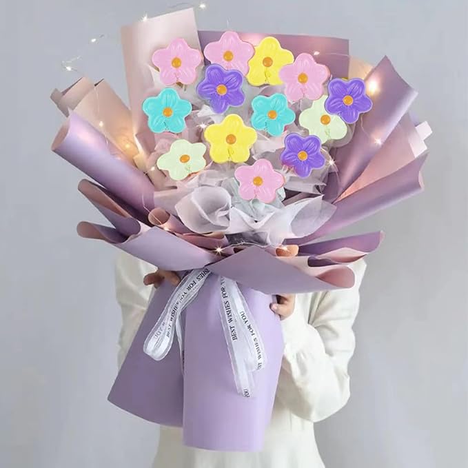 12 Capacity Silicone Lollipop Mold Set, Sucker Molds and Chocolate Hard Candy Mold with 50pcs Lollipop Sucker Sticks, Candy Treat Bags, Gold Ties. (Flower)