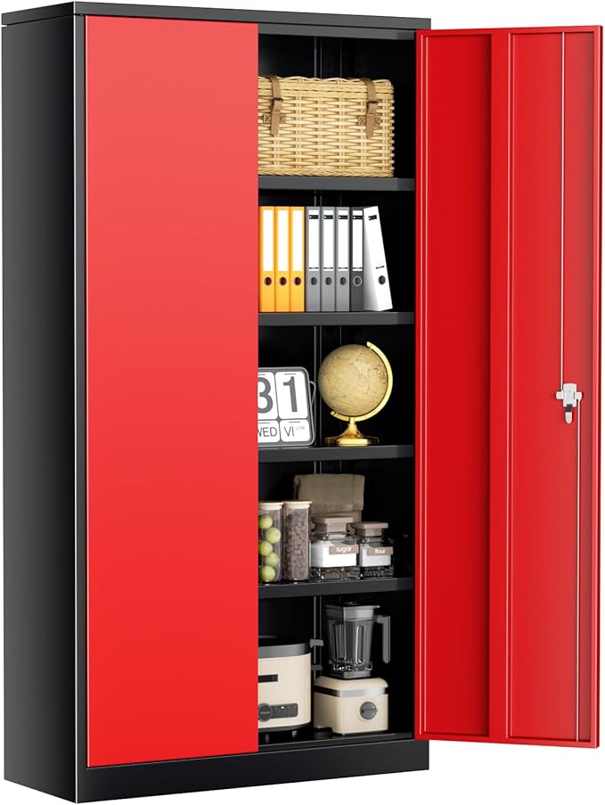 INTERGREAT Storage Cabinet, 72” Steel Locking Closet with Doors and 4 Adjustable Shelves, Tool Unit for Home Office, Garage & Tall Lockable File Cabinet, Black Red.