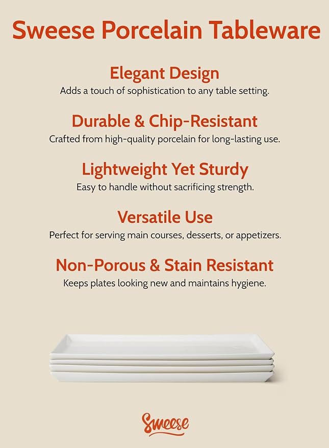 Sweese White Serving Platters, Porcelain Serving Trays for Parties, Large Rectangular Plates - 15.5 Inch, Set of 4
